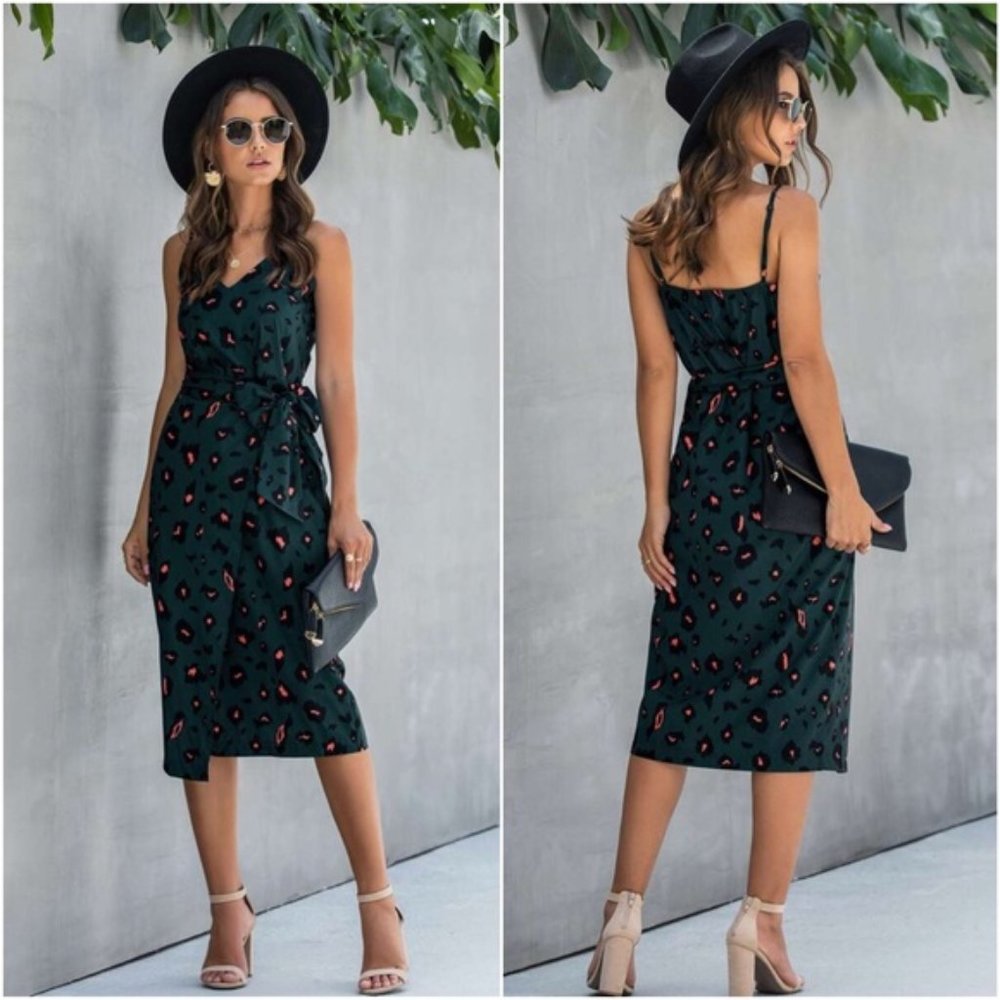 v neck side tie belted cami dress leopard green - Picture 2 of 7